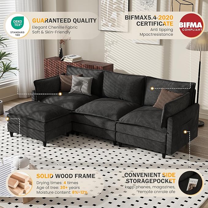 Apicizon 108 Cloud Couch Sectional L Shaped Cloud Sofa with Side Storage Pocket Modern Corduroy Sofa Set for Living Room Office Black