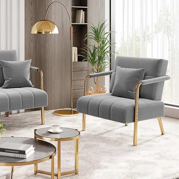 Yaheetech 30 W Accent Chair Velvet Oversized Armchair Living Room Chair with Golden Frame &amp Cozy Pillow for Living Room Bedroom Office Light Gray