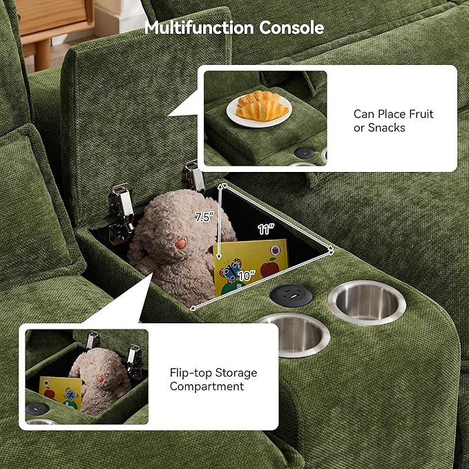 U Shaped Sectional Sofa with Storage Console Cup Holders &amp USB Ports Small Modular Cloud Couch with Deep Seats Modern Comfy Living Room Sofa for Apartment Chenille Green