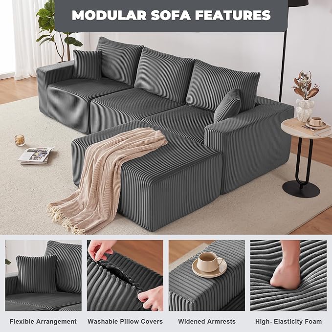 107 Modular Sectional Sofa L-Shaped Boneless Couch with Deep Seat Cozy Cloud Couch Sectional with Convertible Ottoman Modern Sectional Couches for Living Room No Assembly Darkgray