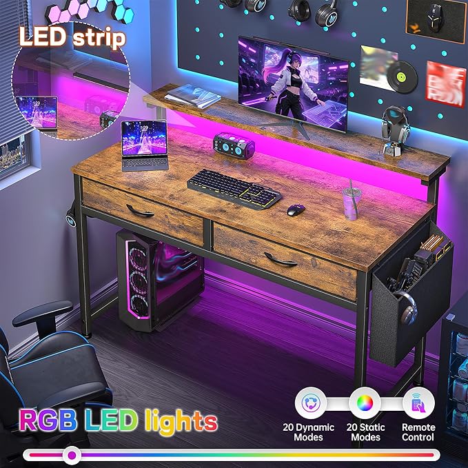 Gaming Desk with LED Lights &amp 2 Fabric Drawers 39.4Inch Home Office Computer Desk with Side Pocket &amp Ergonomic Monitor Stand Small Space Study Writing Table with Anti-Tip Design Rustic Brow