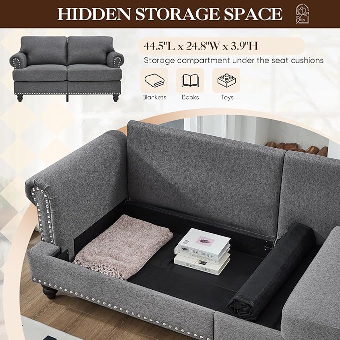 Antetek 59.5-inch Loveseat Couch with Storage Mid Century Chesterfield Linen Fabric Vintage Retro Classic Sofa Couch with Nailhead Trim &amp Rolled Armrests for Living Room Bedroom Office Grey