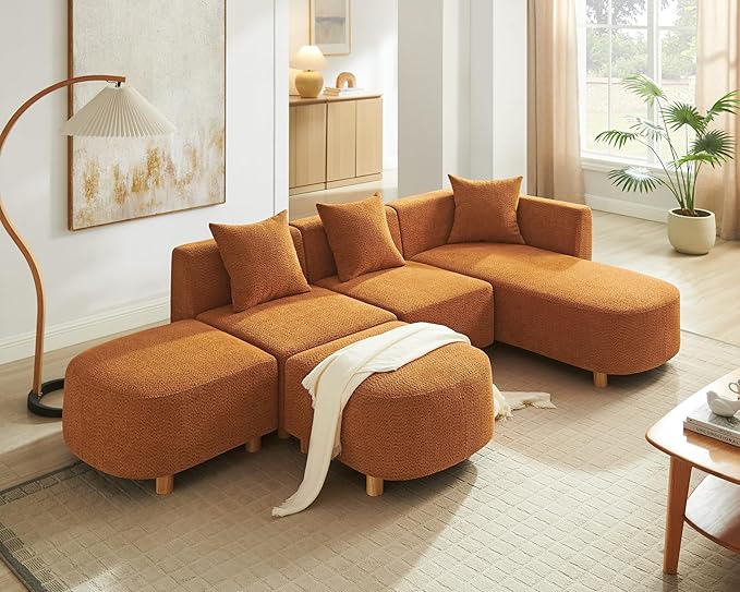 VANOMi 109.84 Modular Sectional Sofa with 3 Pillows Convertible 5-Seater Comfy Boucle Cloud Couch with Ottoman Modern Sectional Sofas for Living Room Office Apartment (Curry)