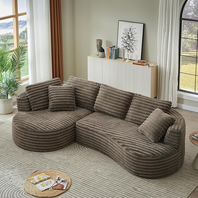 Modern Boneless Curved Sectional Sofa Oversized Minimalist L-Shape Corduroy Sponge Sofa with Round Chaise Comfy Sleeper Couch for Living Room Apartment Reception Spaces 4 Seat Brown Left Chaise