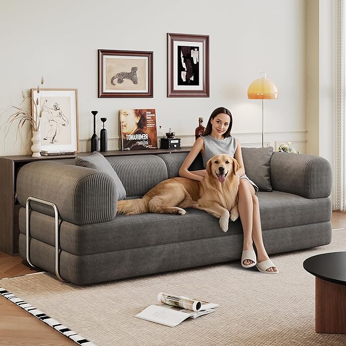 Convertible Sleeper Sofa Bed 78.5 Corduroy Foldable Loveseat Sleeper Sofa Queen to King Size Boneless Couch Bed for Living Room | No Assembly Required | Compression Sofa Dark Gray