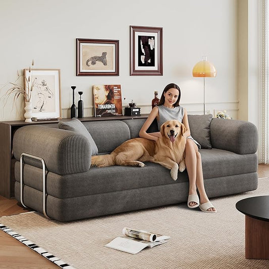 Convertible Sleeper Sofa Bed 78.5 Corduroy Foldable Loveseat Sleeper Sofa Queen to King Size Boneless Couch Bed for Living Room | No Assembly Required | Compression Sofa Dark Gray
