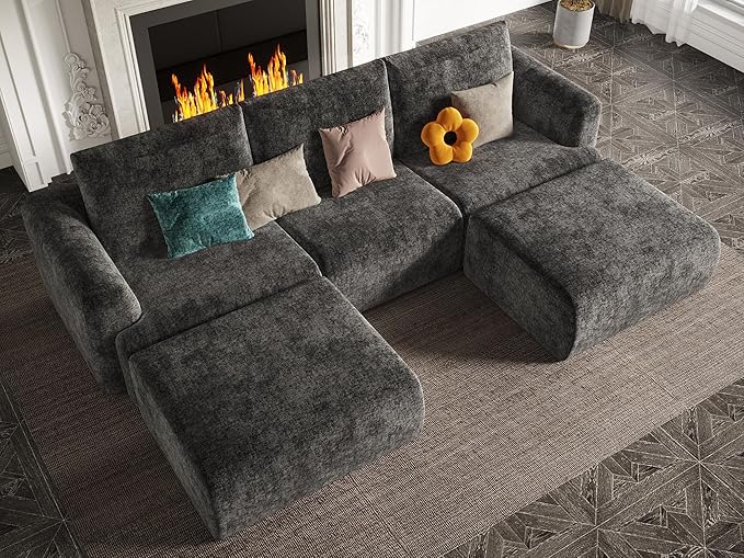 EASE MOOSE Cloud Couch Sectional Sofa Large U-Shaped Oversized Modular Couch for Living Room Minimalist Boneless Couches with Ottoman 5-Seat Deep Sofas for Bedroom Chenille (Dark Grey)