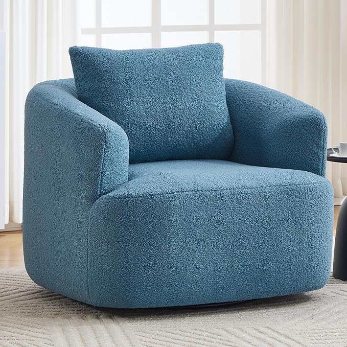 KEIKI 37.4 Oversized 360 Degree Swivel Chair Large Barrel Chairs Upholstered Round Swivel Chair Teddy Fleece Single Sofa Armchair Sleeper Couch for Living Room Lounge Blue