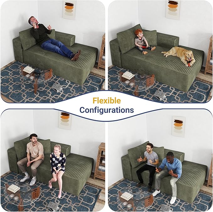 68 Cloud Sectional Sofa Chaise Lounge Chair Plush Corduroy Fabric No Assembly Required Deep Seat for Living Room Bedroom Movie Theater Right Facing Green