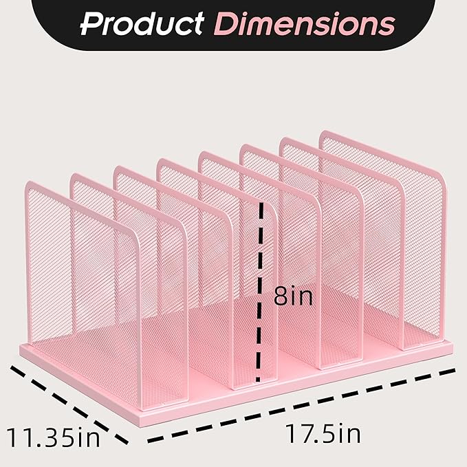 Kuntine.B Desk File Organizer Upright Mesh Desktop Organizer File Sorter Office Organization File Holder for Home Office &amp Classroom (Pink 1 Pack 7-Section)