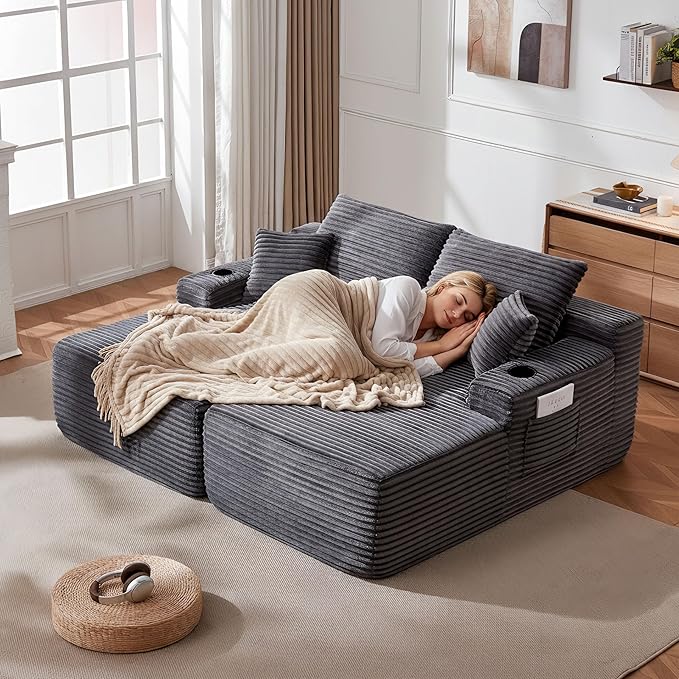 69 Upgraded Oversized Boneless Chaise Lounge Chair Indoor with cup holders and side storage pockets Soft Plush Corduroy Modular Love seat Sofa Deep Seat Sleeper Chairs for Living Room Grey.