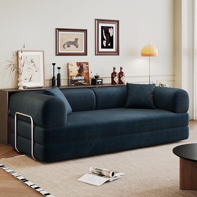Convertible Sleeper Sofa Bed 79 Modular Boneless Couch Bed Foldable Sleeper Loveseat Sofa Bed for Living Room Corduroy Fabric No Assembly Required Queen to King Size Blue