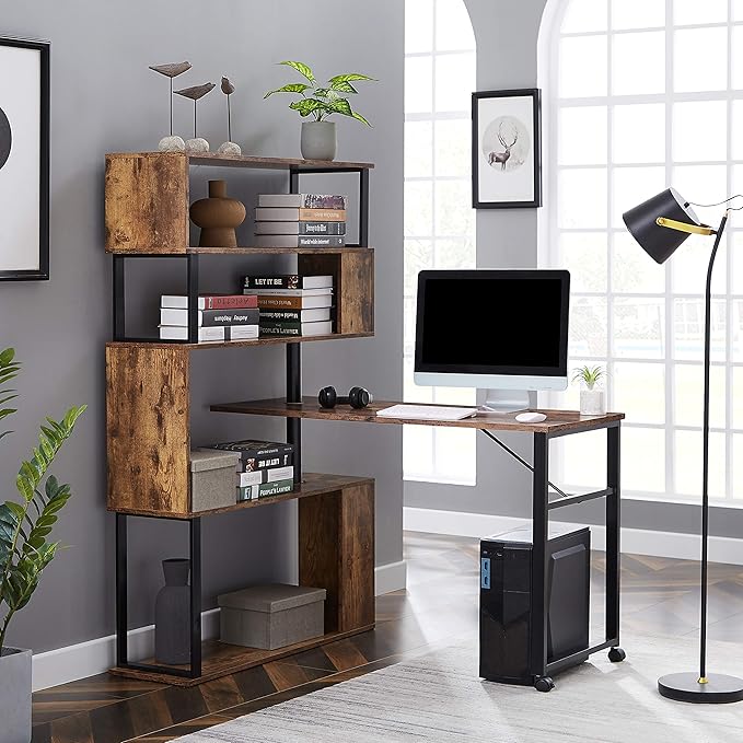 Home Office Computer Desk L Shaped Corner Table Rotating Computer Table with 5 Tier Bookshelf Four Installation Methods Lockable Casters (Tiger)