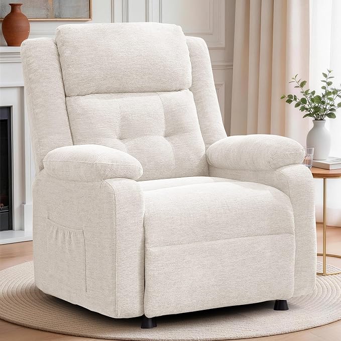 Power Recliner Chair Living Room Chairs for Adults Oversized Electric Recliner with Side Pockets Chenille Fabric Reclining Chair for Living Room Bedroom
