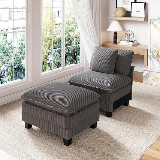 PHI VILLA Indoor Lounge Sofa Chair One-Person Oversized Sectional Sofa with Ottoman Single Chaise with Upholstered Deep Seat for Bedroom Reading Corduroy Fabric Grey