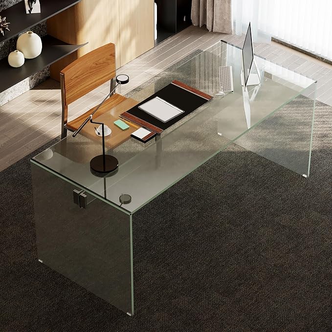 53.14 Modern Tempered Glass Executive Desk with Drawer Black Wood Finish and Tempered Glass Legs – Minimalist Stylish Workstation Table for Home Office (Transparent Glass Desk)
