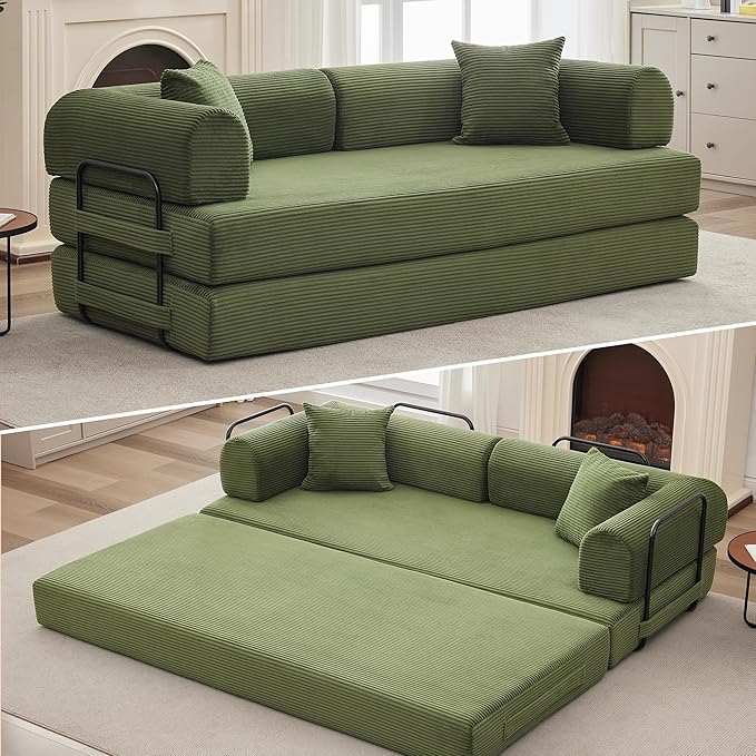 78'' Convertible Sleeper Sofa Bed4 in 1 Corduroy Boneless Couch with PillowsFolding Sectional Couch with Pull Out BedFloor Sofa Loveseat for Living RoomBedroomNo Assembly RequiredGreen
