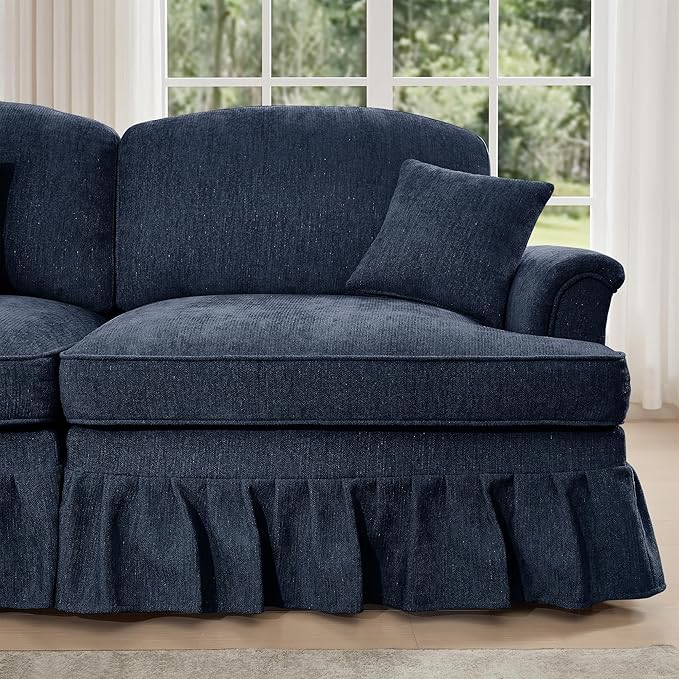 Casaphoria Mid-Century Modern Oversized Loveseat Sofa 2-Seater Chenille Couch with Removable Ruffle Skirt Flared Arms Spindle Legs &amp Throw Pillow for Living Room Apartment