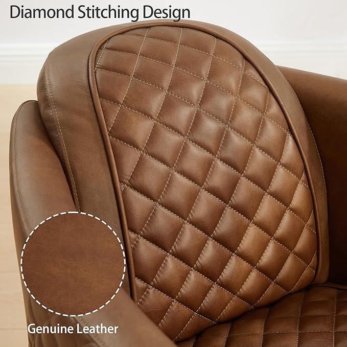 Zouron Genuine Leather Living Room Chair Mid Century Modern Single Sofa Chair with Wooden Legs Upholstered Barrel Accent Chair for Living Room Bedroom Home Office 1 Pcs Chocolate