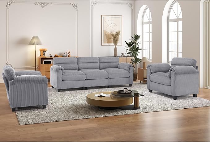 Corduroy Sofa Set Upholstered Armchair Set of 2 and 3-Seater Sofa with Plush Cushions and Rolled Arms Modern Living Room Furniture SetsGrey