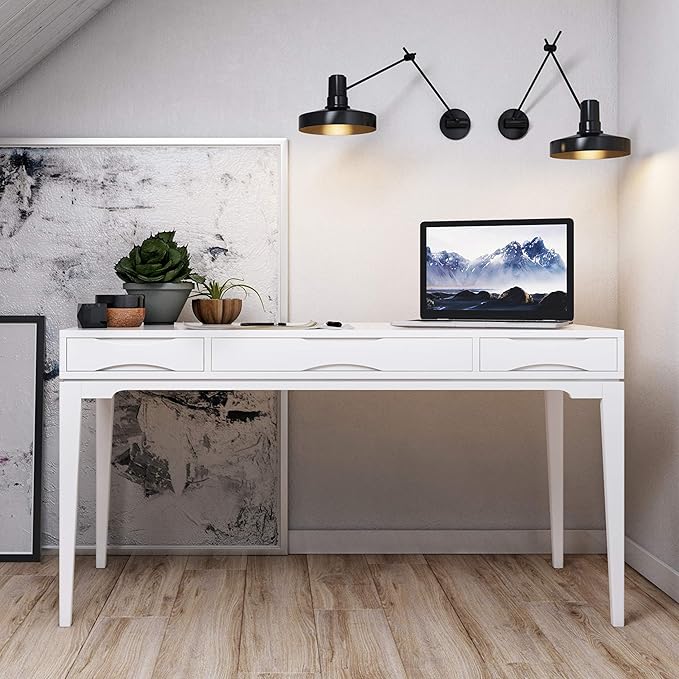 SIMPLIHOME Harper Desk - 60 Inch Wide Solid Wood Writing Desk in White Mid-Century Modern Home Office Computer Table for Workspace or Study with 2 Drawers and Flip-Down Keyboard Tray