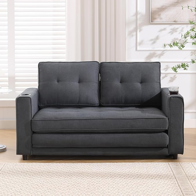 Futon Sofa Bed Convertible Folding Futon Couch Breathable Small CouchAdjustable Pull Out Chaise Lounge for Compact Living Studio in Living Room and Bedroom Offices Loveseat (Dark Gray+Holder)