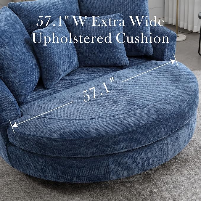 Aoiy &amp Wifon 59.8 W Oversized Barrel Chair Round Accent Chair with Wheels Extra Large Living Room Chair Knitted Chenille Blue