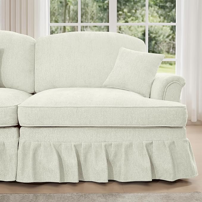 Casaphoria Mid-Century Modern Oversized Loveseat Sofa 2-Seater Chenille Couch with Removable Ruffle Skirt Flared Arms Spindle Legs &amp Throw Pillow for Living Room Apartment