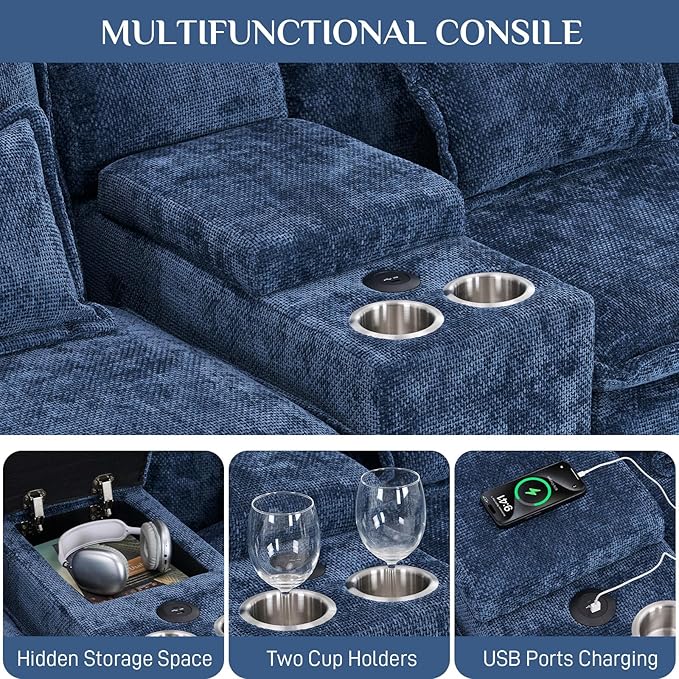 OUYESSIR U Shaped Cloud Sectional Couch 132 Fluffy Modular Sofa Set with Double Chaise Lounge Central Console &amp USB Port Comfy Chenille Big Sectional Couches for Living Room Dark Blue