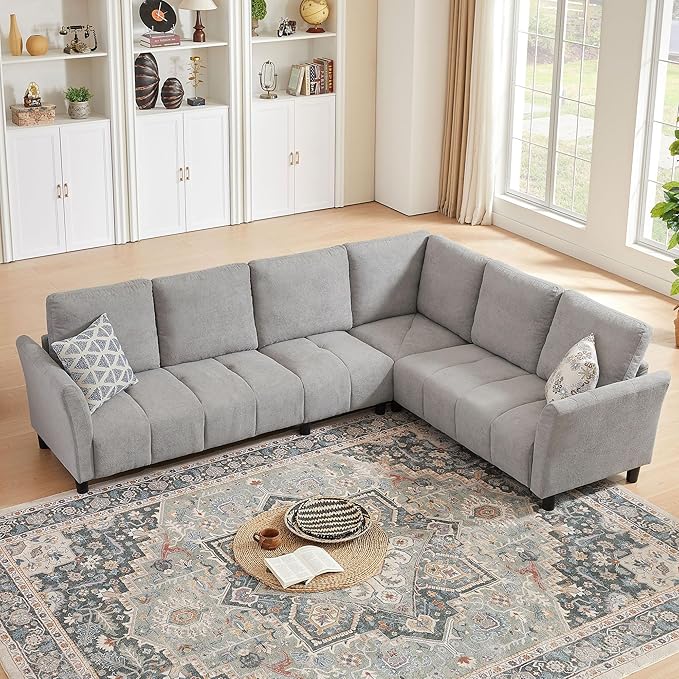 Convertible Sectional Sofa Couch 103 L Shaped Couch with Back Cushions Modern Upholstered Fabric 6-Seat Reversible Sofa Couches for Living Room Apartment Office Light Grey
