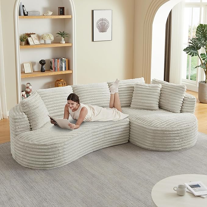 Modern Boneless Curved Sectional Sofa Oversized Minimalist L-Shape Corduroy Sponge Sofa with Round Chaise Comfy Sleeper Couch for Living Room Apartment Reception Spaces 4 Seat Ceam Right Chaise