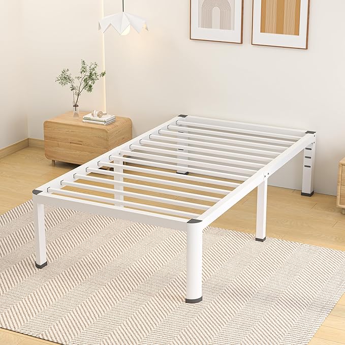 14 Inch Twin Bed Frame Metal Platform Bed Frame with Round Corner Legs 3500 lbs Heavy Duty Steel Slats Support No Box Spring Needed Noise Free Easy Assembly White