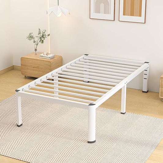14 Inch Twin Bed Frame Metal Platform Bed Frame with Round Corner Legs 3500 lbs Heavy Duty Steel Slats Support No Box Spring Needed Noise Free Easy Assembly White