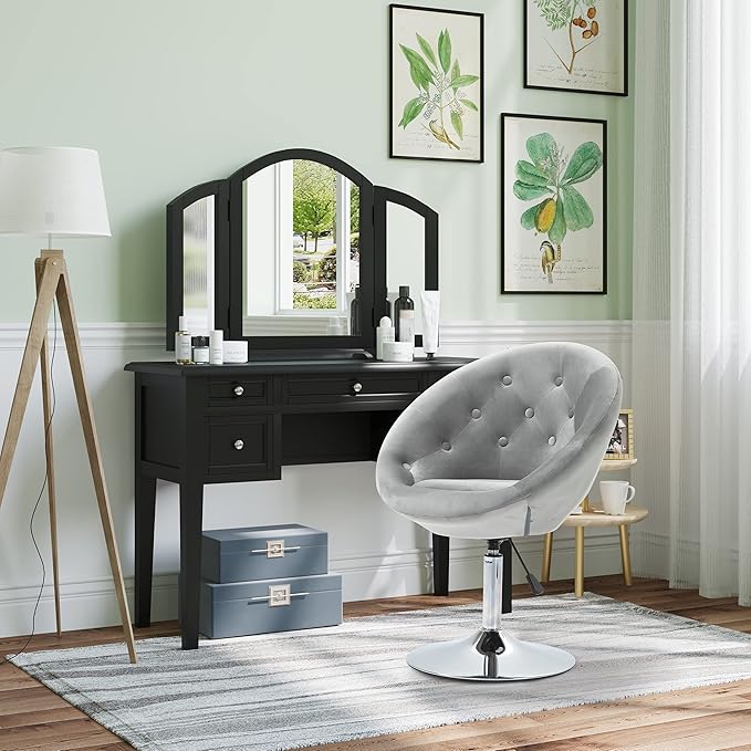 Modern Makeup Vanity Chair Round Tufted Swivel Accent Chair with Chrome e Height Adjustable for Living Room Bedroom Gray