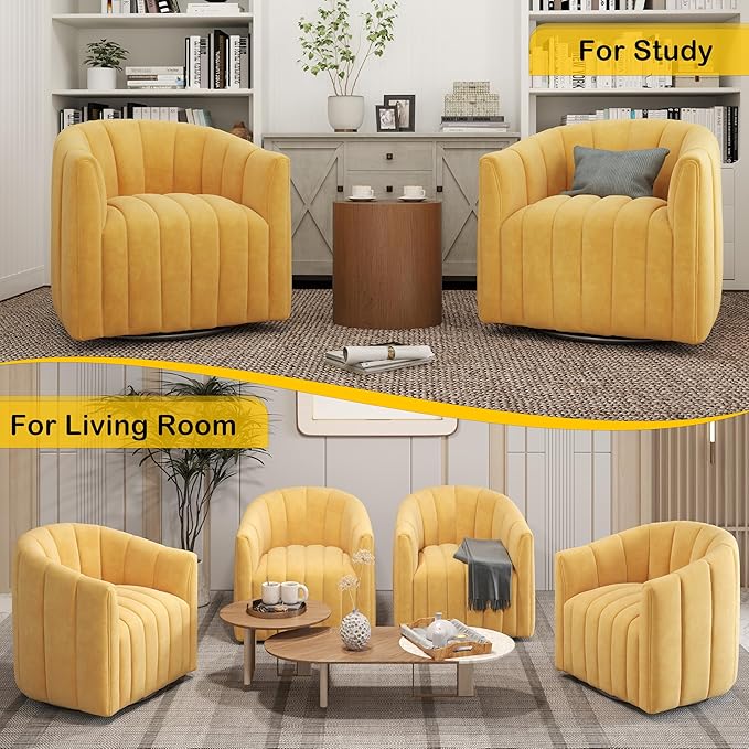 Swivel Accent Chair Velvet Barrel Arm Chair for Living Room Pumpkin Shaped Curved Chair with Metal Base for Bedroom Balcony Study Room（Yellow Set of 2）