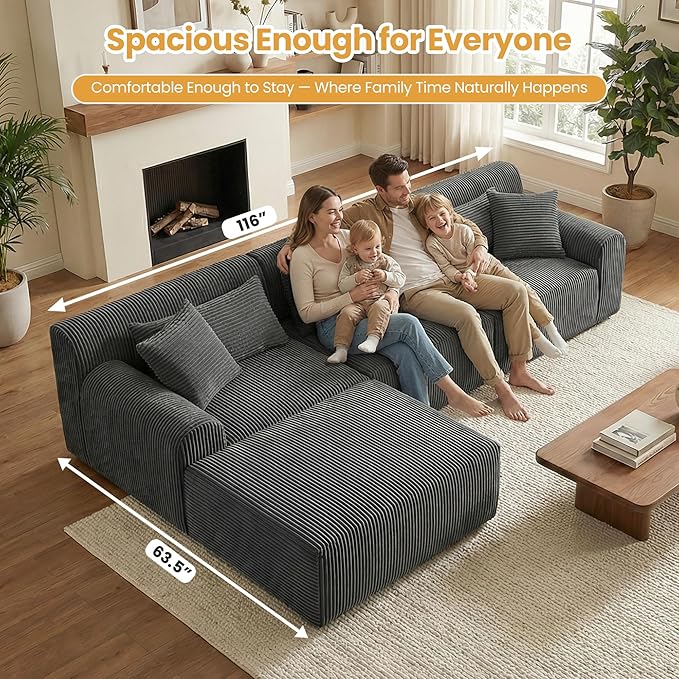 Oversize Boneless Couch for Living Room Comfort L Shaped Cloud Couch Sectional with Deep Seat and Movable OttomanModular Sectional Sofa with 5 PillowsNo Assembly RequiredGrey