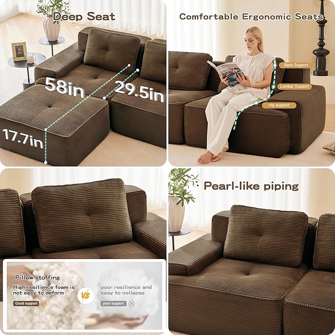 82'' Boneless Couch Modular Sectional Sofa Modern Sectional Couches for Living Room with Deep Seat Comfy Corduroy Cloud Couch Tufted Loveseat Small Sofa Couches Sleeper Sofas Brown