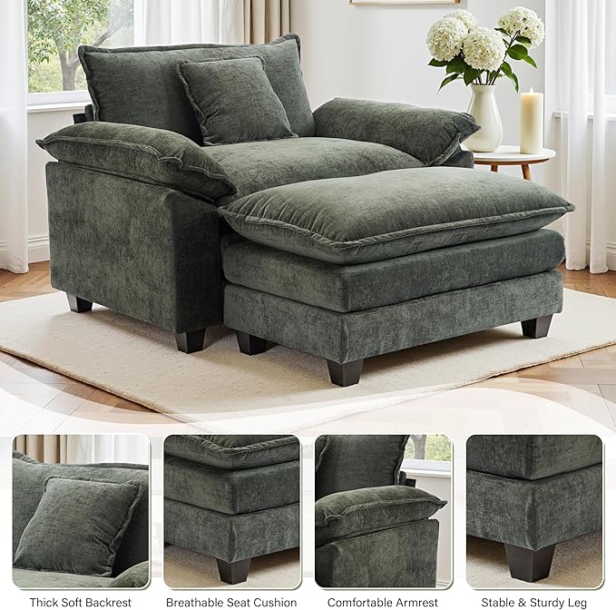Winterstorm Chenille Oversized Chair with Ottoman - 44 W Large Comfy Accent Chair and Ottoman Set Modern Single Cloud Chaise Lounge for Indoor Living Room (Green)