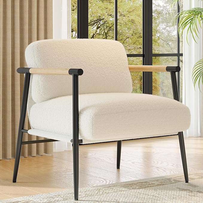 GarveeHome Comfy Chair Modern Accent Chair with Metal Frame Cozy Reading Chair with Soft Cushion &amp Wood Armrest for Bedroom Living Room White