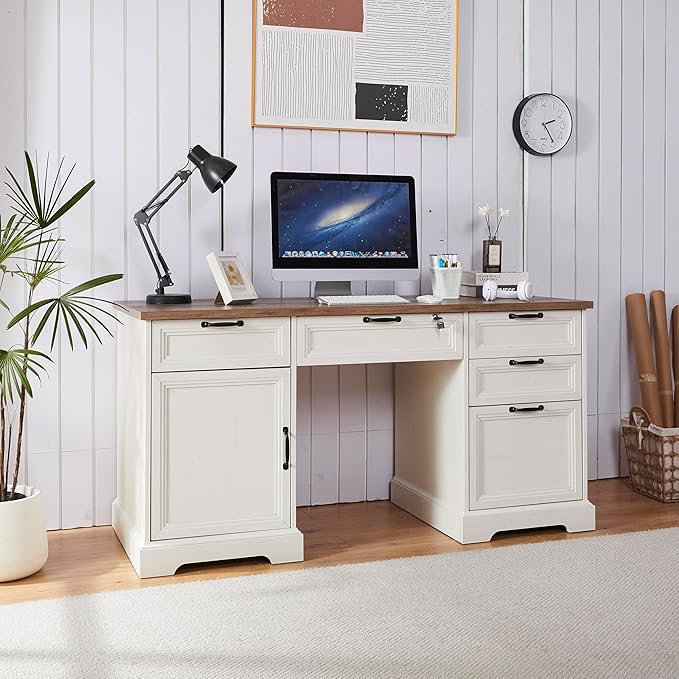 60 Farmhouse Executive Desk with Charging StationHome Office Desk with 4 Drawers &amp 1 Cabinet&amp1 File CabinetMain Drawer with LockWood Desk for Office and Home