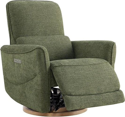 CHITA Power Nursery Rocking Chair Swivel Glider Recliner Chair with Solid Wood Base Bulit-in USB &amp Type-C Charging Ports for Living Room FSC Certified Moss Green