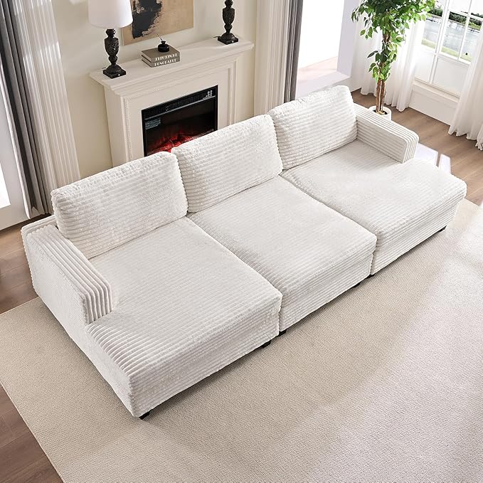 Mjkone 120 W Oversized Deep Seat Sofa Upholstered Corduroy 3 Seat Sofa Modular Sectional Couch with Wooden Frame Modern Sleeper Sofa Bed for Living Room Office Beige