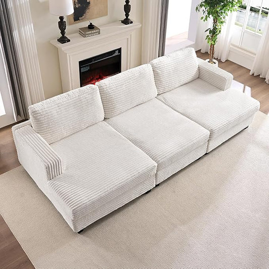 Mjkone 120 W Oversized Deep Seat Sofa Upholstered Corduroy 3 Seat Sofa Modular Sectional Couch with Wooden Frame Modern Sleeper Sofa Bed for Living Room Office Beige