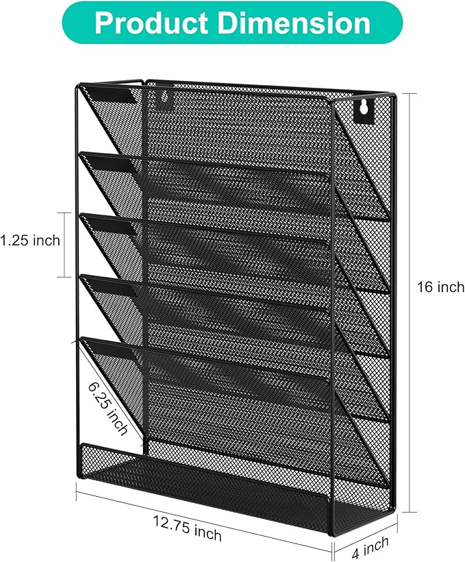EasyPAG 5 Tier Wall File Holder Mesh Hanging Folder Organizer with Classify Label Versatile Desk File Holder Vertical Wall Mounted Mail Organizer for Office Home Cubicle Black