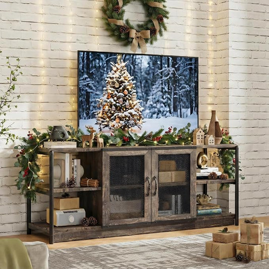 IDEALHOUSE Farmhouse TV Stand for 65/75 Inch TVs Vintage TV Cabinet with 2 Mesh Doors and 4 Open Shelves Rustic Entertainment Center for Living Room Bedroom (Rustic Oak 63 in)