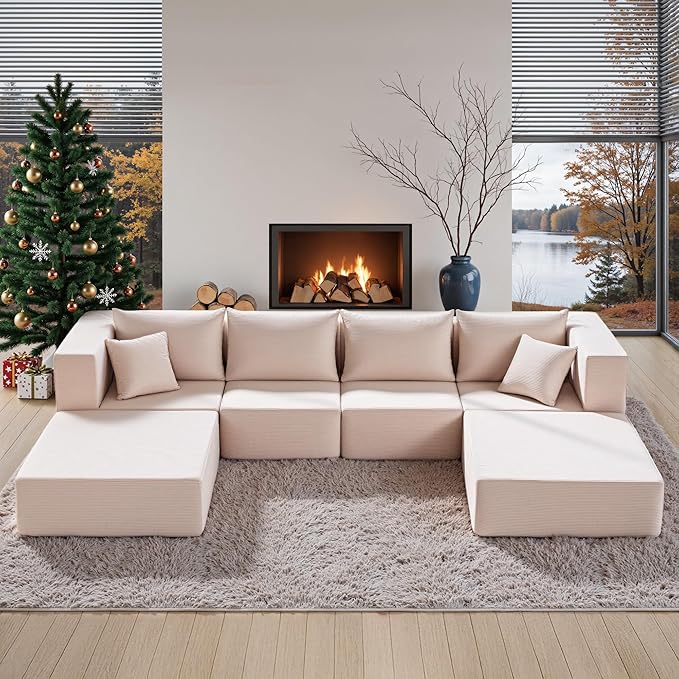 YINIX 140 Modular Sectional Sofa Couches Corduroy Sleeper Deep Seat Sofa Bed Comfy Cloud Couch for Living Room Floor Sofa 6 Piece Free Combination Compression No Assembly Required Beige