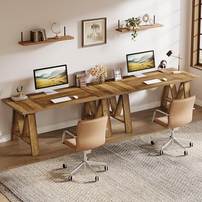 Tribesigns 63 Executive Desk Farmhouse Wooden Office Computer Desk Large Workstation Writing Table with Sturdy Legs for Home Office Brown