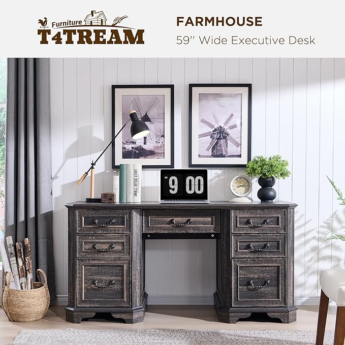 T4TREAM 59 Farmhouse Executive Desk with DrawersWood Home Office Computer Desk Featuring Keyboard TrayCharging StationFile Drawer Storage Cabinetfor Work and Study (Dark Rustic Oak)