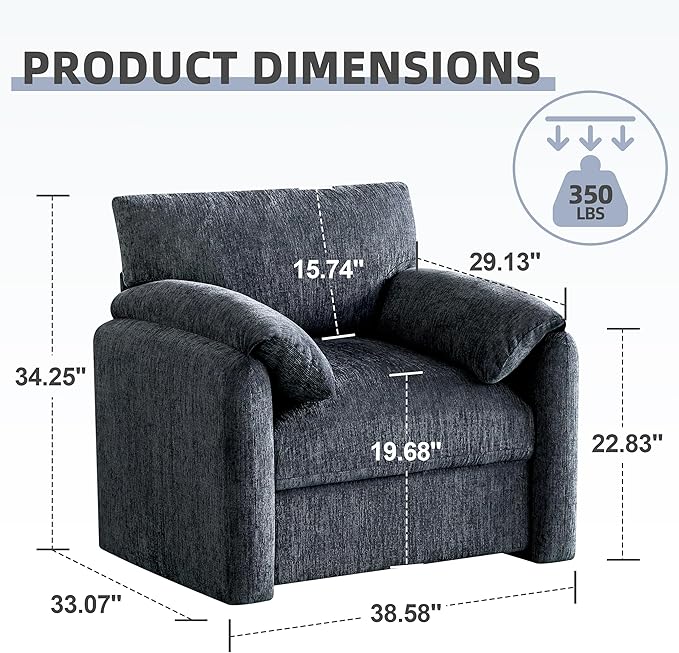 Chenille Oversized Armchair 38.6 Wide Accent Chairs for Living Room &amp Bedroom Modern Lounge Chair Upholstered Mid-Century Reading Chair Comfy Living Room Chair Single Sofa Chair Blue