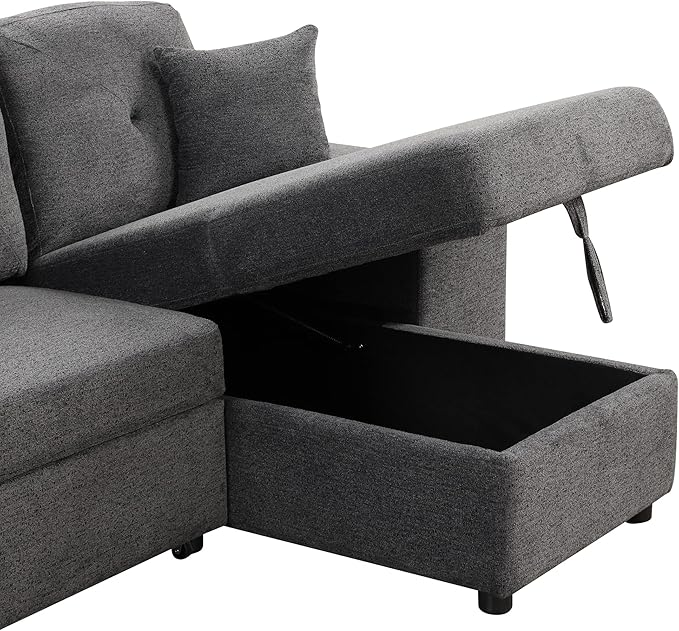 Reversible Sleeper Sectional Sofa with Side Shelf and 2 Stools Pull-Out L-Shaped Sofa Bed with Storage Chaise Left/Right Hande Corner Sofa-Bed for Living Room (Black+Blue + Velvet + Foam-01)